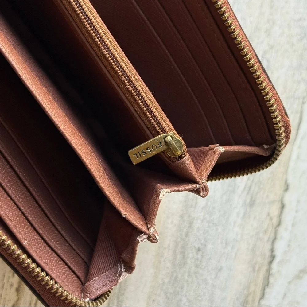 Fossil Cognac 'Sydney' Leather Zip Around Clutch Wristlet Wallet Large Size